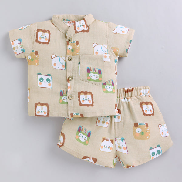 Animal Print Muslin Co-ord Set For Infants - Beige