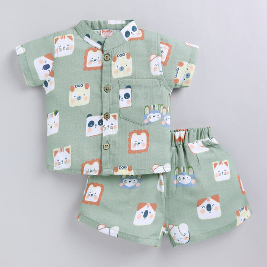 Animal Print Muslin Co-ord Set For Infants - Teal