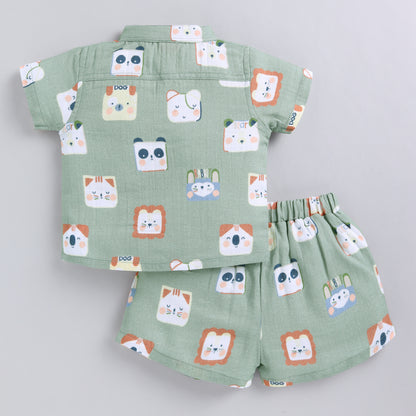Animal Print Muslin Co-ord Set For Infants - Teal