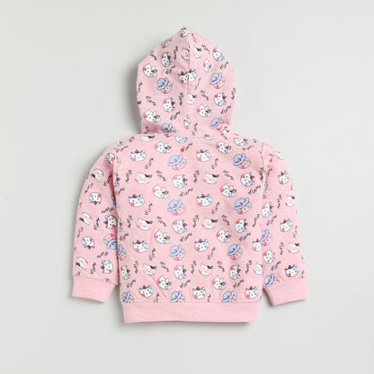 Pink Cat Print Hooded Jacket