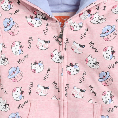 Pink Cat Print Hooded Jacket