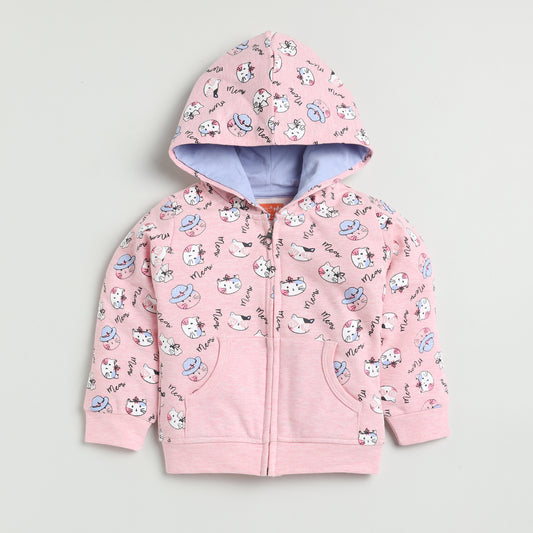 Pink Cat Print Hooded Jacket