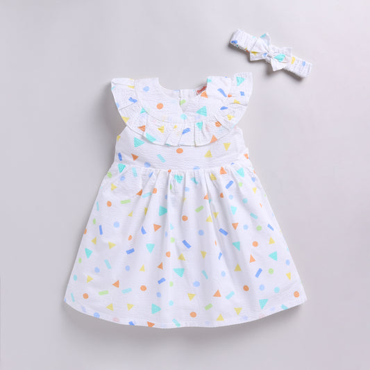 Abstract Geometric Print Seersucker Frock with Matching Hairband