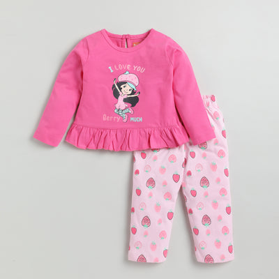 Pink Strawberry Print Full-Sleeves Night suit Set