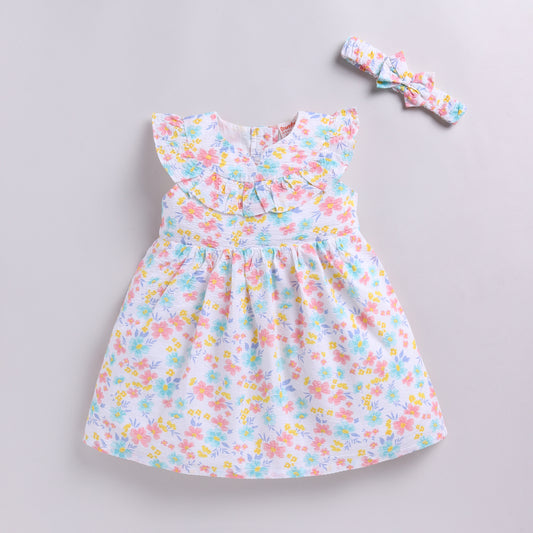 Seersucker Floral Print Frock with Matching Hairband