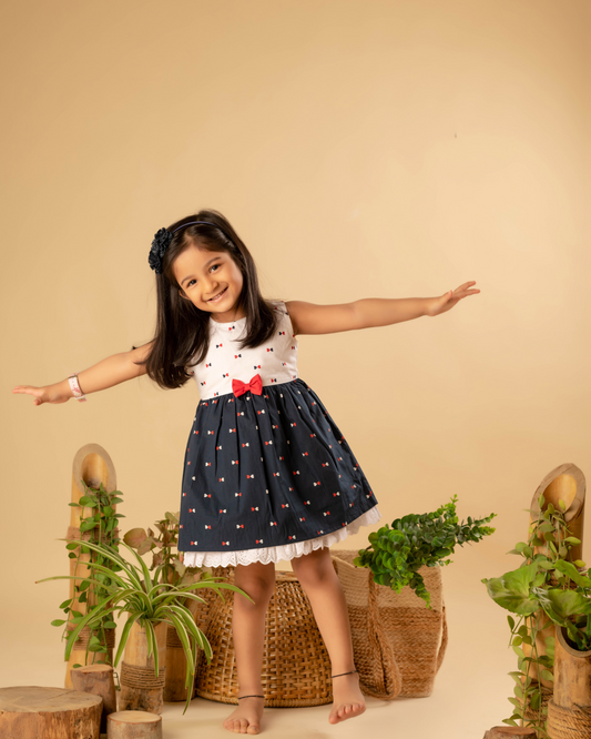 Heart Print Dark Blue & White Dress With Hairband