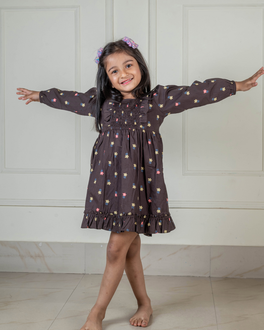 Floral Print Woven Smocking Full-Sleeves Frock