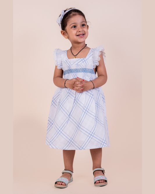 Plaid Pattern Smocking Frock with Matching Hairband