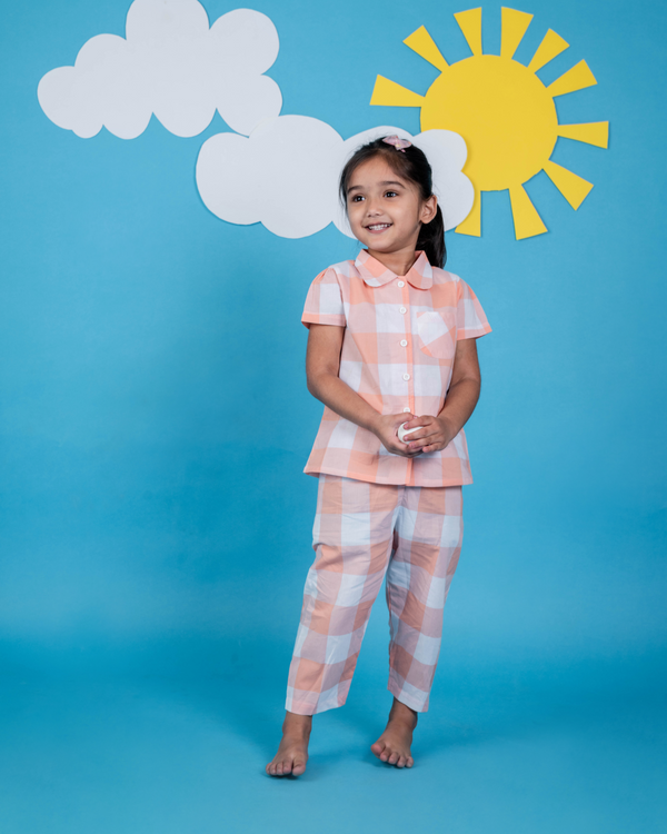 Checks Design Nightsuit Set - Peach