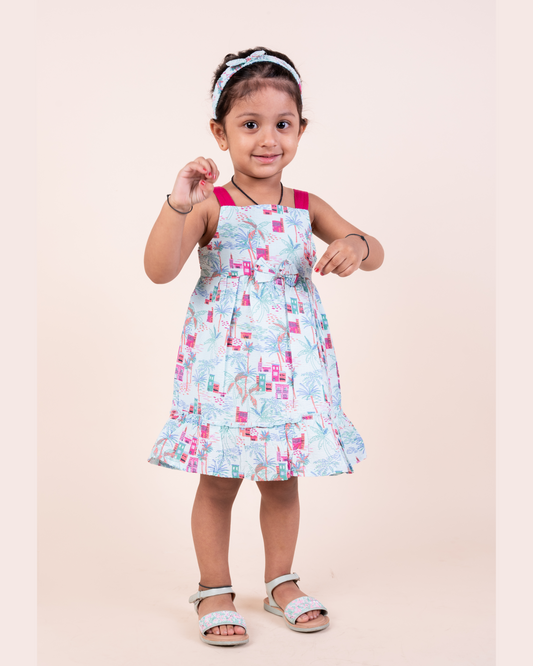 Seersucker Summer Print Frock with Hairband