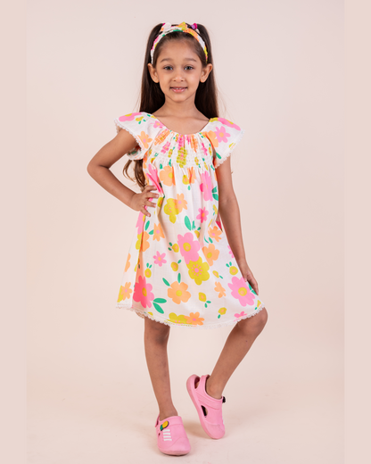 Vibrant Floral print frock with a matching Hairband