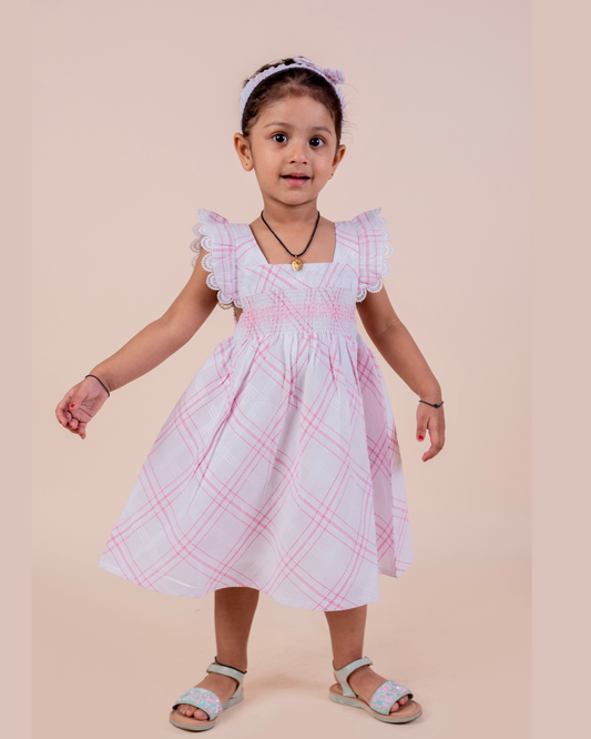 Plaid Pattern Smocking Frock with Matching Hairband