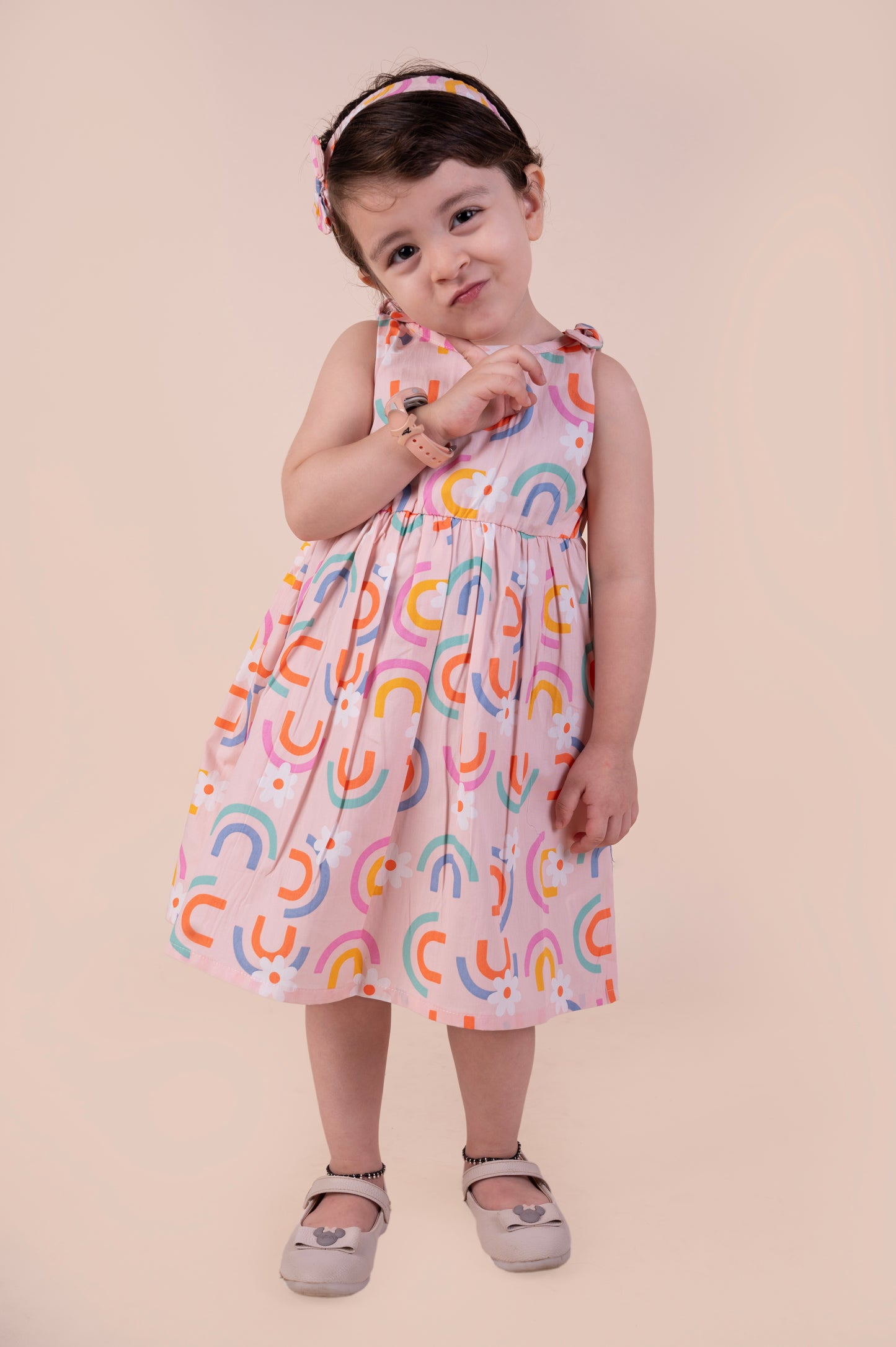 Rainbow Print Sleeveless Frock with matching Hairband