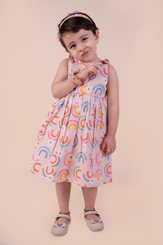 Rainbow Print Sleeveless Frock with matching Hairband