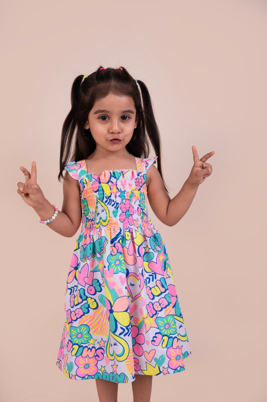 Vibrant print casual dress with smocking