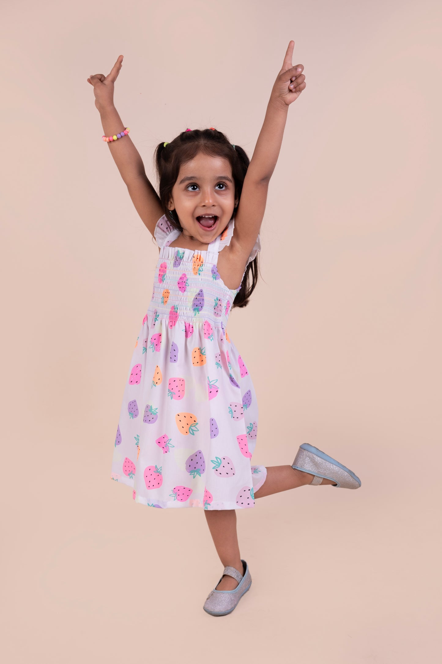 Cute strawberry print casual dress with smocking