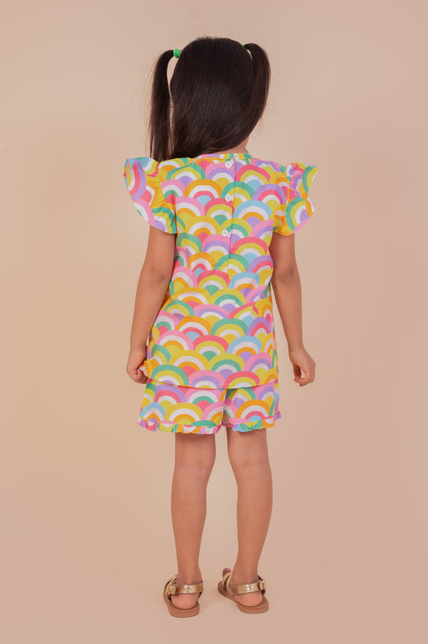 Rainbow Print Cotton Top & Shorts Set for Girls
