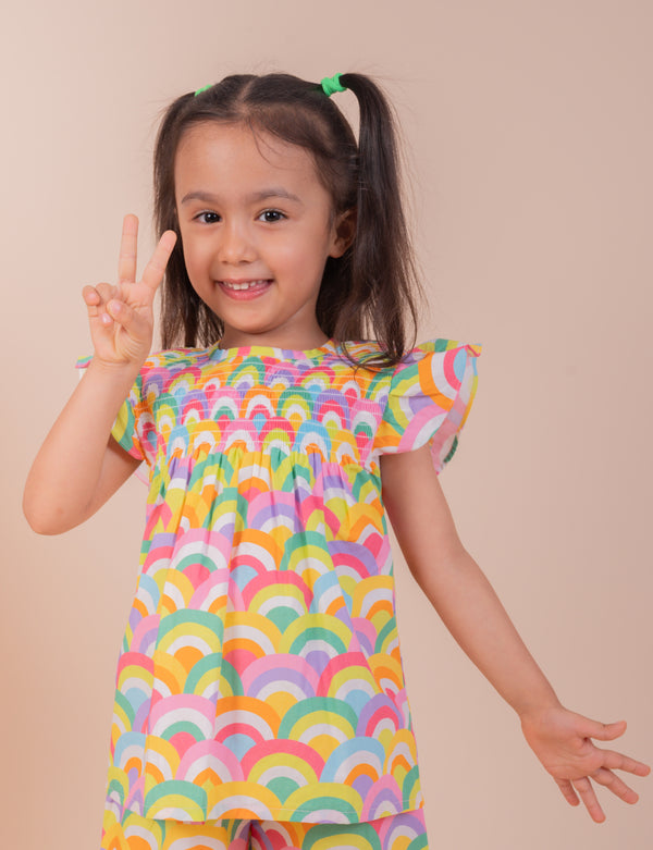 Rainbow Print Cotton Top & Shorts Set for Girls