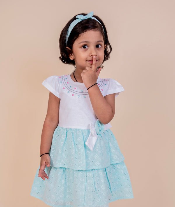 Girls 2-Layered Frock with Matching Hairband - Blue