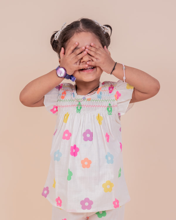 Multicolour floral print girls top with shorts set