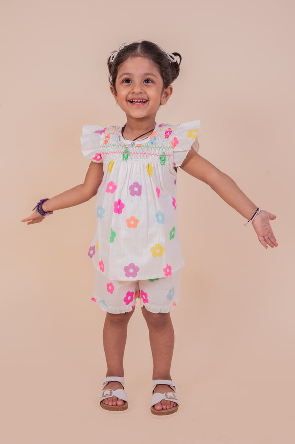 Multicolour floral print girls top with shorts set
