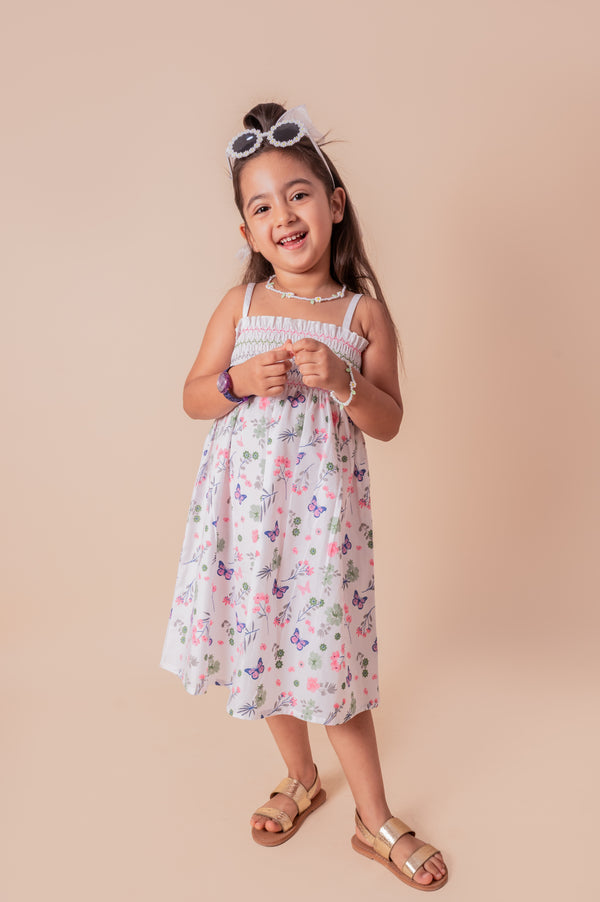 Girls Cotton Frock with Hairband | Floral Butterfly Print