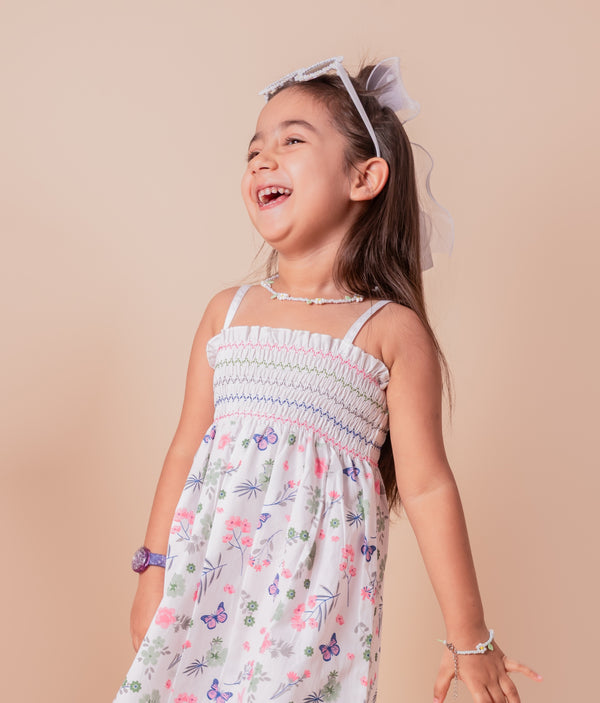 Girls Cotton Frock with Hairband | Floral Butterfly Print