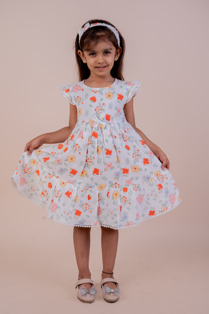 Floral print frock with lace and matching hairband