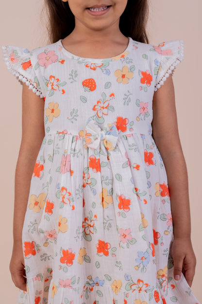 Floral print frock with lace and matching hairband