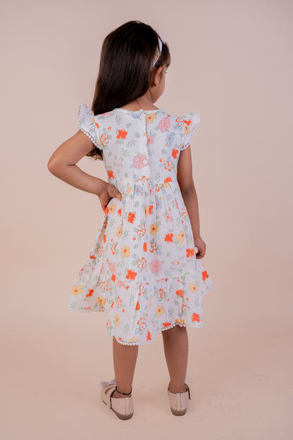 Floral print frock with lace and matching hairband