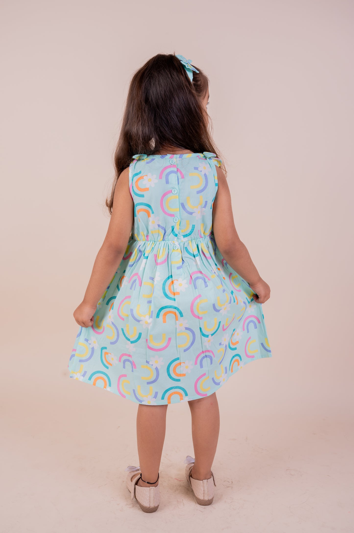 Rainbow Print Sleeveless Frock with matching Hairband
