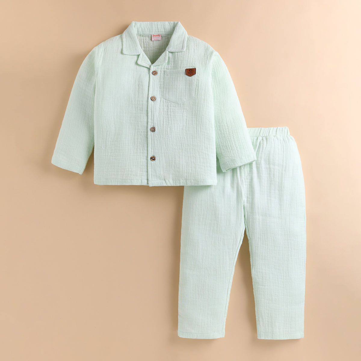 Full Sleeves 100% Cotton Muslin Night Suit Set - Mint Whisper