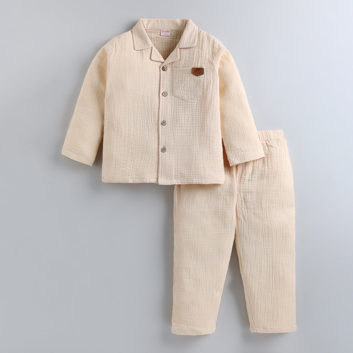 Full Sleeves 100% Cotton Muslin Night Suit - Biege