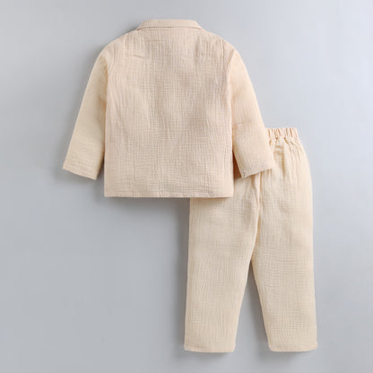 Full Sleeves 100% Cotton Muslin Night Suit - Biege
