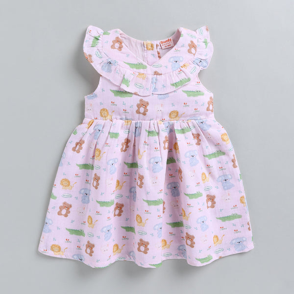 Jungle Theme Muslin Frock - Pink