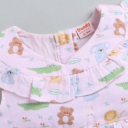 Jungle Theme Muslin Frock - Pink