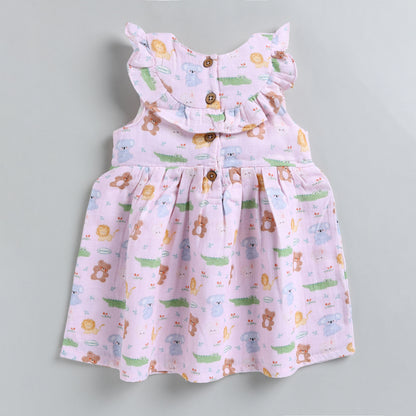 Jungle Theme Muslin Frock - Pink