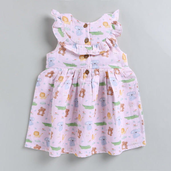 Jungle Theme Muslin Frock - Pink