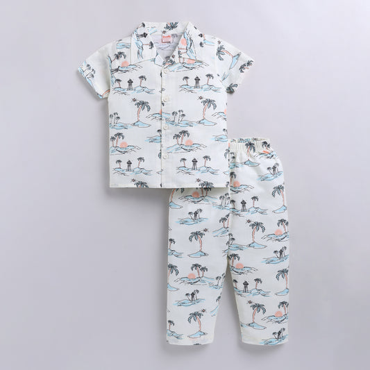 Soft Cotton Kids Nightsuit Set | Front Open Shirt & Pajama | Tropical Print