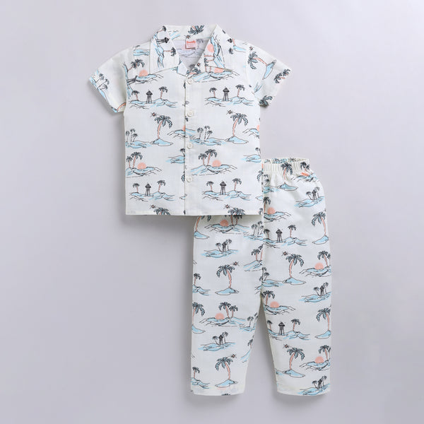Soft Cotton Kids Nightsuit Set | Front Open Shirt & Pajama | Tropical Print