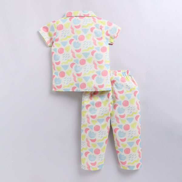 Colorful Abstract Print Linen Night Suit Set – Front Open Shirt & Pajama