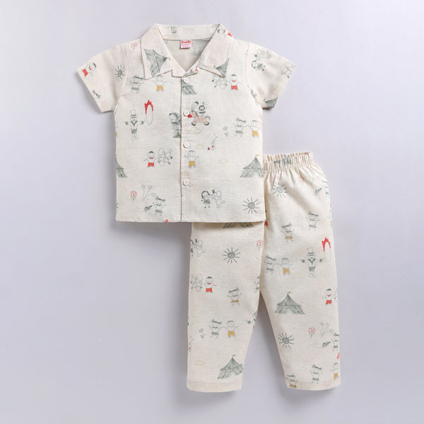 Linen Night Suit Set – Front Open Shirt & Pajama | Carnival Print