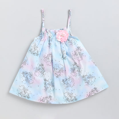 Unicorn Print Woven Frock with Full-Sleeves Inner