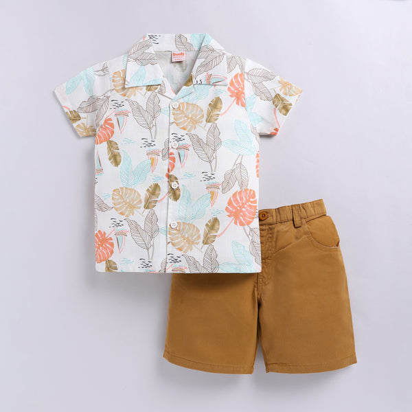 Leaf print shirt with solid shorts