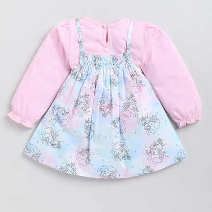 Unicorn Print Woven Frock with Full-Sleeves Inner