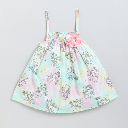 Unicorn Print Woven Frock with Full-Sleeves Inner