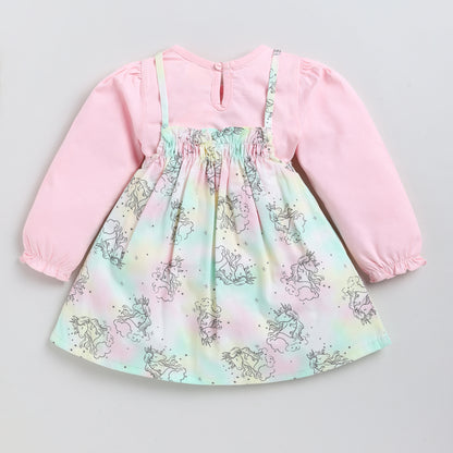 Unicorn Print Woven Frock with Full-Sleeves Inner