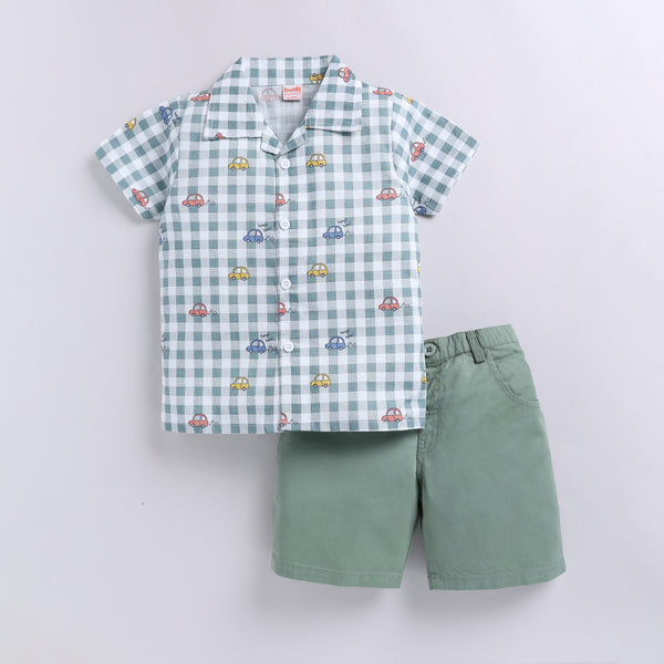 Checkered Car Print Shirt with Solid Shorts - Green