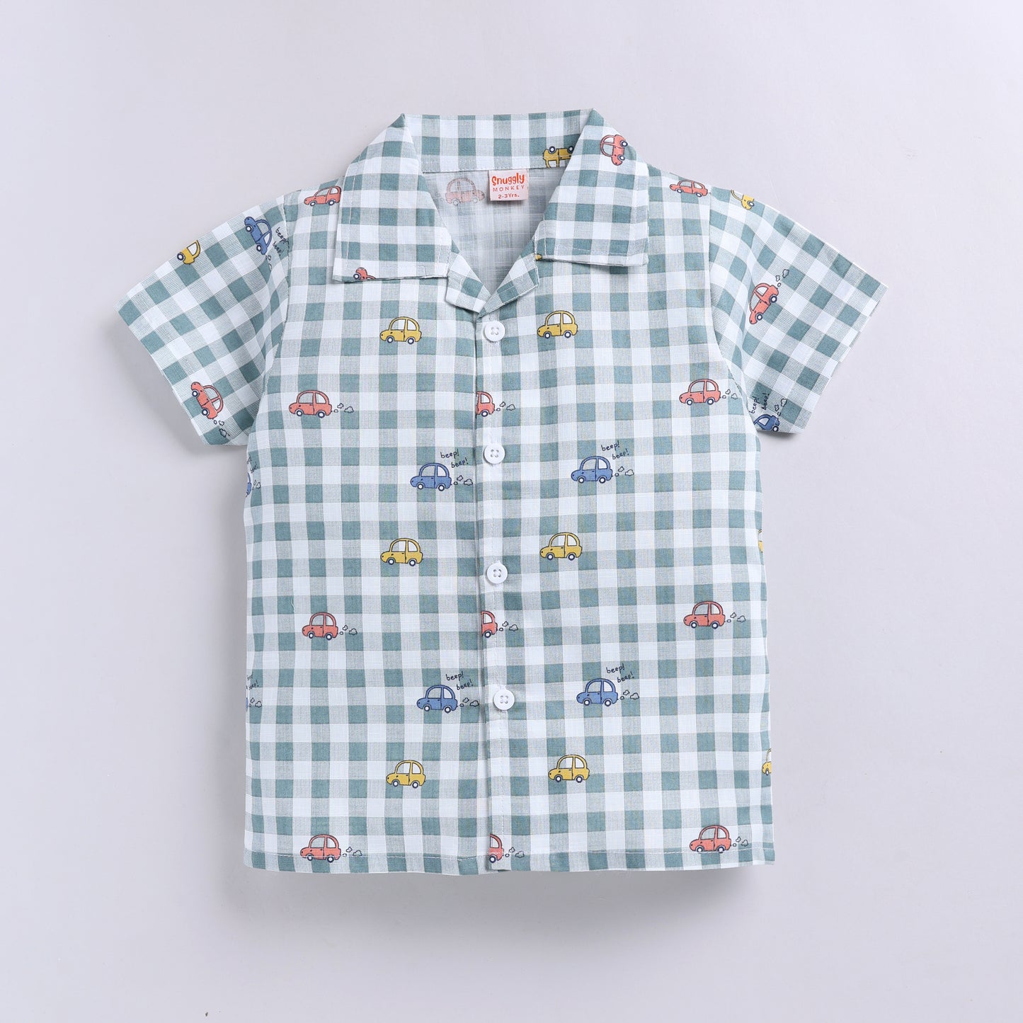Checkered Car Print Shirt with Solid Shorts - Green