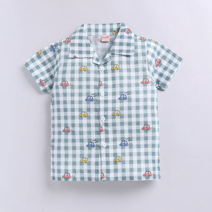 Checkered Car Print Shirt with Solid Shorts - Green